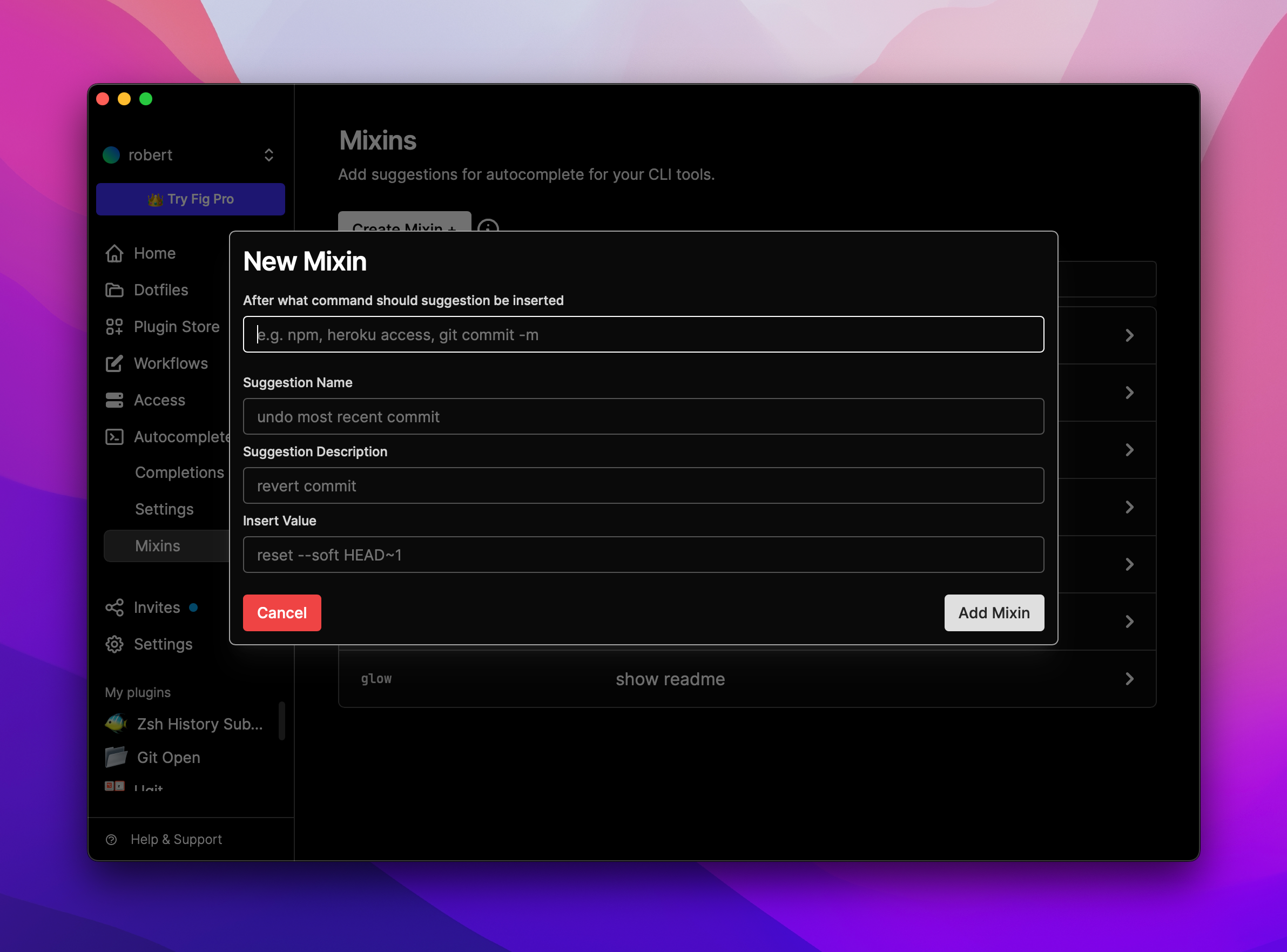 Screenshot of the "Create Mixin" dialog, showing the four inputs mentioned above